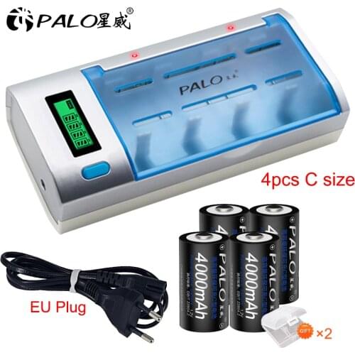 C906W PALO Smart Intelligent Battery Charger For AA AAA C/D/9V Size Rechargeable Batteries LCD Display With 4pcs C Size Battery