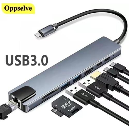 8 in 1 USB 3.0 Hub For Laptop Adapter PC PD Charge Type-C 3.1 To 4K HDMI-Compatible RJ45 Port SD/TF Card Reader Type-C Splitter