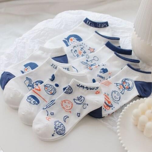 Spring & Summer Cotton Casual Women Low Cut Socks Fashion Design Cartoon Blue Happy Astronaut Dress Invisible Socks 5pairs