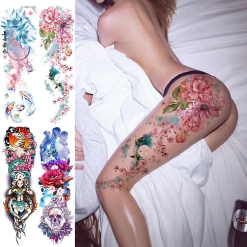 Leg thigh temporary tattoo sticker women body art large sexy adult tattoo flower peonies lotus waterdecal woman tatoo sleeve