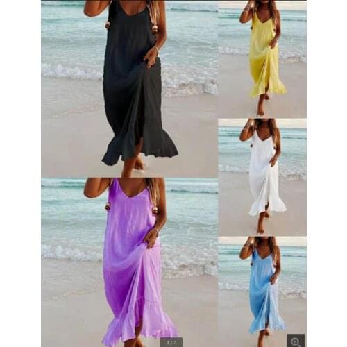 2021 Summer Long Womens Skirt Fashion Casual Trend V Neck Sexy Sling Beach Vacation Bohemia Breathable Ruffled Dress