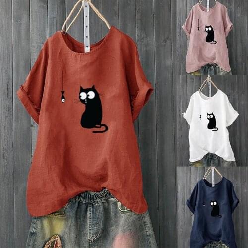 M-4XL Women Large Size Cartoon Cat Print Cute Tees Tops Casual Loose O Neck Short Sleeve Simple Funny T Shirt For Ladies Summer