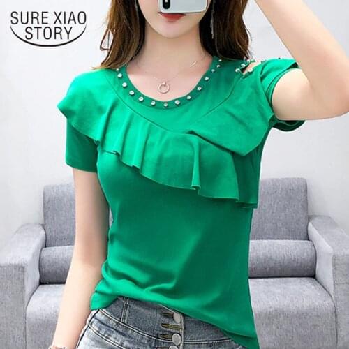 Shirts Women 2021 Summer Short Sleeve Shirt Women Tops T Shirt Korean Clothes Solid Beading Ruffles Black Tops Plus Size 8414
