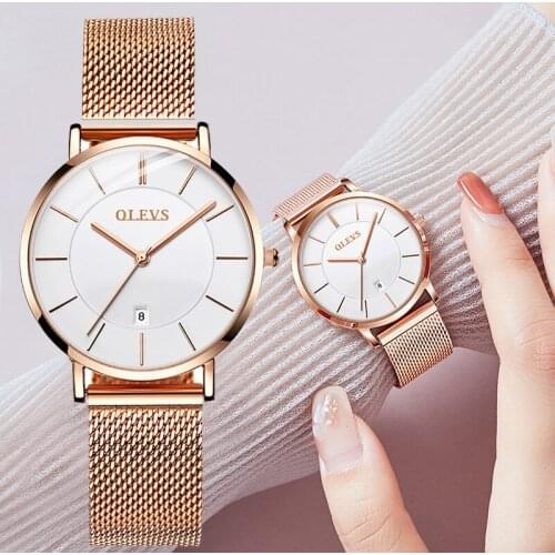 OLEVS 2021 Full Rose Gold Watch Japanese Quartz Creative Design Waterproof Stainless Steel Mesh Ladies Watch Relogio Feminino