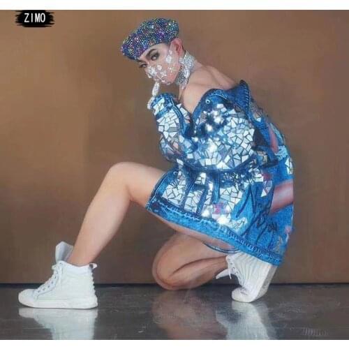 Sexy Nightclub Dj ds Hat sequin jacket pants underwear Suit blue women nude print jazz Dance Clothing Stage Costume Wear Hip-hop