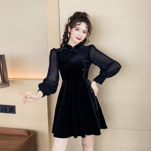 BLLOCUE Women Autumn New Cheongsam Velvet Dress Black Mesh Long Sleeves Fashion And Elegance Ladies Party Dersses