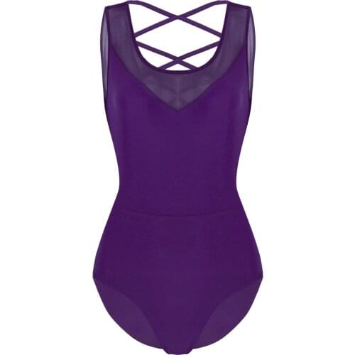 Women Sleeveless Mesh Splice Dancewear Sports Bodysuit Ballet Gymnastics Leotard Solid Color Stage Performance Dance Costume