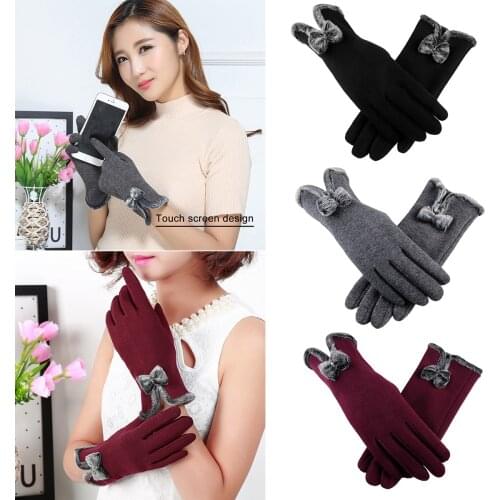 1Pair Fashion Lovely Bowknot Women Touch Screen Winter Warm Outdoor Full Fingers Wrist Gloves Gift