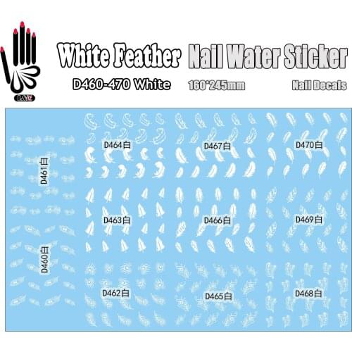 11 Sheets/Lot Nail Supplies D460-470 White White Feather Nail Water Transfer Sticker for Nail Decal(11 DESIGNS IN 1)