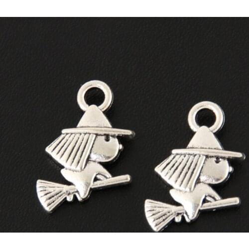 50pcs Silver Color Small Cute Witch Charms Halloween Pendants Fit DIY Jewelry Making Handcrafted Accessories