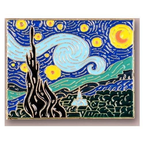 Van Gogh Paintings Quiet Starry Sky Moon Night Artwork Brooches For Artist Friends Romantic Village Tree Natural Scenery Jewelry