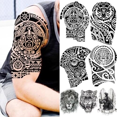 Black Maori Temporary Tattoos For Men Boys Realistic Totem Lion Tiger Knight Wings Fake Tattoo Sticker Arm Leg Tatoos Waterproof
