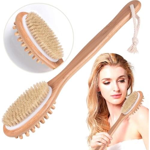 2-in-1 Sided Natural Bristles Brush Long Handle Wooden Bath Brush SPA Body Massage Brush Scrubber Exfoliating Cleaner Brush