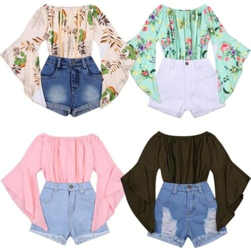 FOCUSNORM Fashion Kids Girls Clothes Sets Off Shoulder Irregular Flare Sleeve T-shirt Tops with Short Ripped Jeans