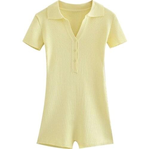TRAF Women 2021 Fashion POLO Collar Ribbed Knit Playsuits Vintage Short Sleeve Slim Female Jumpsuits Streetwear