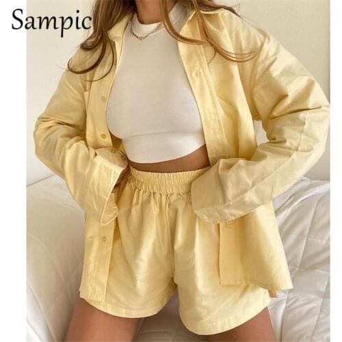 Sampic Casual Womem Yellow Lounge Wear Summer Tracksuit Shorts Set Long Sleeve Shirt Tops And Mini Shorts Suit Two Piece Set
