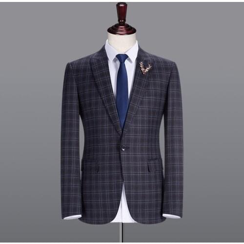 Blazer men plaid single button autumn printed blazer men blue grey men clothes 2018 thin wedding groom wear business man jackets