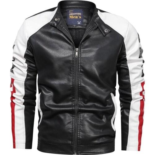 Mens Autumn New Stand Collar Zipper Cardigan Wash Color Matching Jacket Mens Casual Faux Leather Jacket