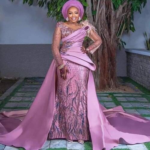 Nigerian Prom Dresses Mermaid Formal Dress Beads abendkleider Long Sleeve Elegant Evening Gowns Removable Skirt gala jurken