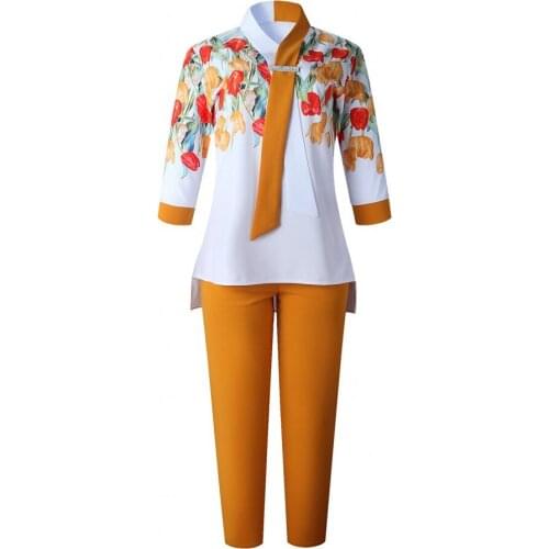 Office Lady Suit Two Piece Set Women Outfits African 2 Piece Flower Print Top Pencil Pants Matching Set Plus Size 2021 Tracksuit