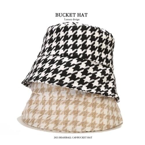 Ins New Panama for Women Fragrance Houndstooth Rough Grain Fisherman Hat Thick Warm Bucket Hat Autumn and Winter Casual Hat