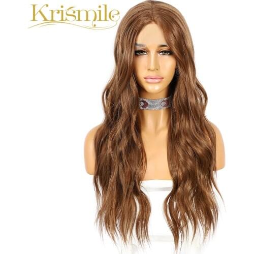 Krismile Long Brown Synthetic Lace Wigs Natural Wave T Middle Part Wig Soft Hair Party Cosplay Daily for Women Heat Resistant