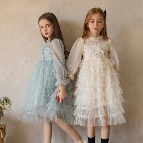 Spring Autumn Tulle Princess Dresses for Girls Flower Long Sleeve Birthday Party Dress Wedding Party Elegant Gown Kids Costume