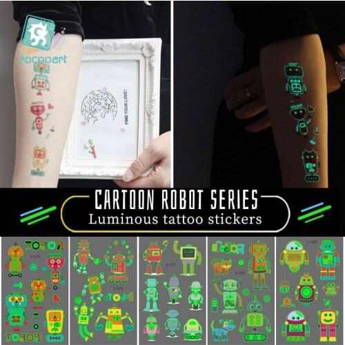 Rocooart Kids Cartoon Tattoo Stickers Luminous Robot Tatoos Childs Waterproof Taty Glowing in Dark Tatto For Children Body Art