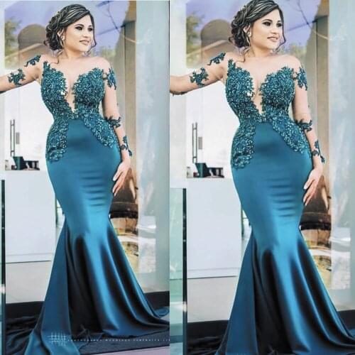 SuperKimJo Robe Teal Green Evening Dresses Long Sleeve Lace Applique Modest Mermaid Elegant Party Dress Vestido De Festa