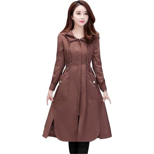 Thin section windbreaker womens medium long section Korean spring autumn 2020 new hooded Slim thin over the knee coat Female