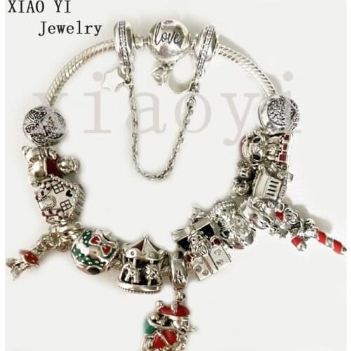 XIAOYI 2020 New 100% S925 Red Santa Claus walking stick Castle Carousel Snowman Mouse cartoon bracelet birthday present female