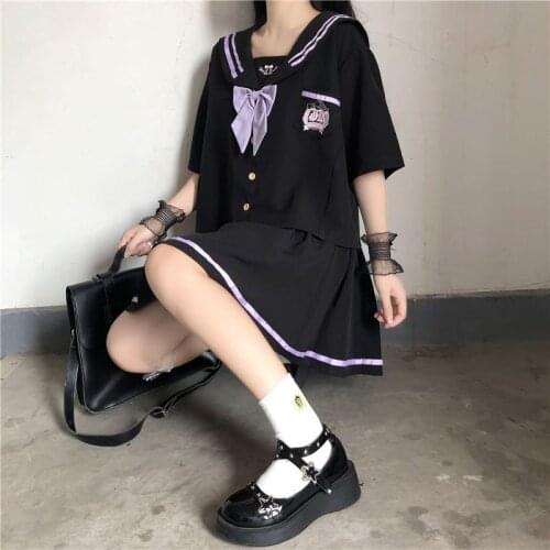 Navy Collar Shirt Tops+Black Pleated Skirt Two Piece Set 2021 Womens Clothing Summer Gothic High School Student JK Uniform Sets