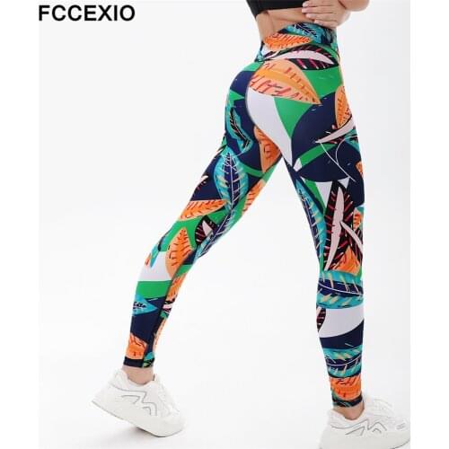 FCCEXIO Tropical Leaves 3D Print Women Pants Push Up Run Sports Leggings Slim Fitness Leggings Female Casual High Waist Trousers