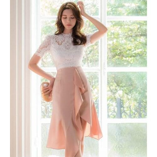 New arrival fashion beach set women spring OL temperament professional sexy hollow lace top and ruffle skirt two piece set