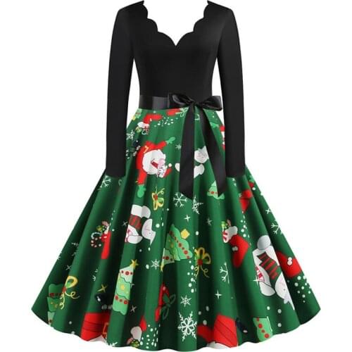 Christmas Dress Women Plus Size Long Sleeve V neck Elegant Vintage Winter Party Sundress Black Swing Print Clothing Robe