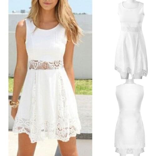 Hot kf-Ladies Lace Stitching Sleeveless Round Neck White Dress White