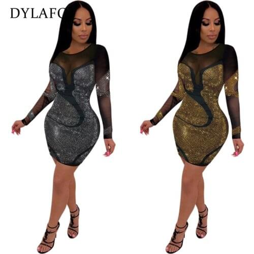 Womens Sling Hot Drill Perspective Slim Dress O Neck Gillter Mesh Pencil Dress Long Sleeve Bodycon Mini Party Vestidos 2021 New