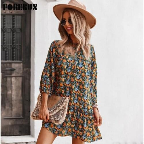 FORERUN Ladies Floral Dresses Long Sleeve Vintage Vacation Style Boho Midi Dress Autumn Spring Vestido De Mujer 2021 Robe Femme