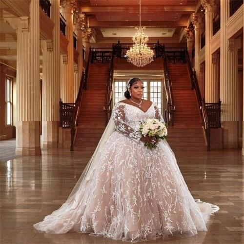 Plus Size Wedding Dresses Deep V Neck Lace Appliques Long Sleeves Bridal Gowns Floor Length Vestido de novia