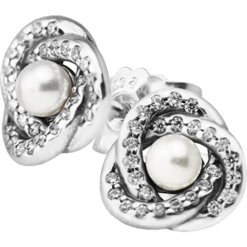 100% 925 Sterling-Silver-Jewelry Luminous Love Knots Stud Earring with White Crystal Pearl Free Shipping