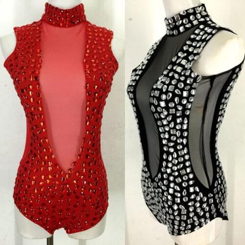 Acrylic Rhinestone Sexy Stretch Mesh Bodysuit Women Gogo Dancewear Performance Nightclub DJ Dancer Singer Stage Costume VDB4046