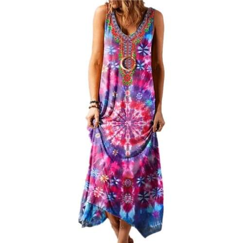 Plus Size Women Dress Bohemian Sundress Sleeveless Ethnic Print V Neck Large Hem Loose Maxi Dress Beach Casual Vintage Dresses