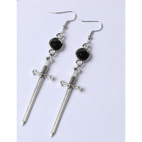 Black birthstone Sword Earrings, Extra Long Shoulder Shoulder Gothic Earrings Witch Goddess Gothic Dangle Earrings