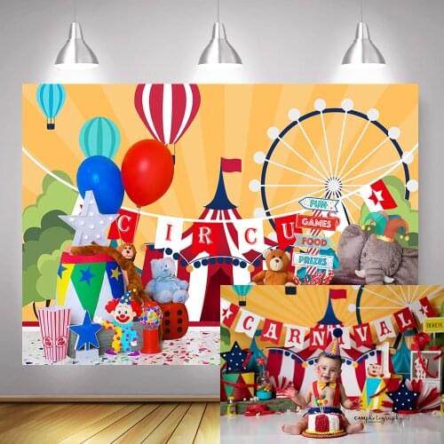Circus Newborn Baby Portrait Photography Backdrop Cartoon Children Carnival Birthday Cake Table Background Balloons Elephant