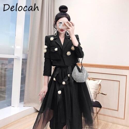 Delocah New 2021 Autumn Women Fashion Designer Skirts Sets Long Sleeve Appliques Short Tops + High Waist Black Mesh Skirts Suits