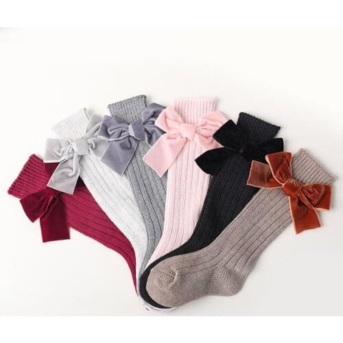 Baby Girls Boys Knitted Warm Knee High Socks Bowknot Anti-Slip Mid Long Socks Knee High Tube Soft Cotton Long Socks