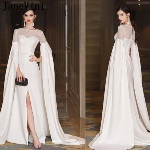 JaneVini Elegant White Beads Long Bridesmaid Dresses Mermaid Long Sleeve Front Split Zipper Back Satin Sweep Train Vestidos Dama