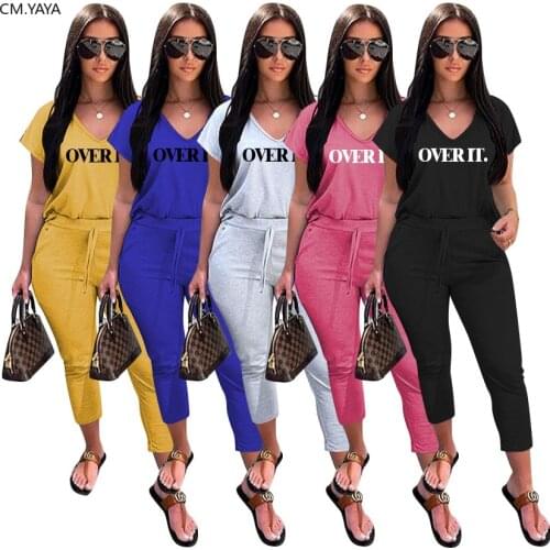 CM.YAYA summer fashion Women overit letter v-neck tee top pencil jogger sweatpants suit two piece set sport matching set outfit