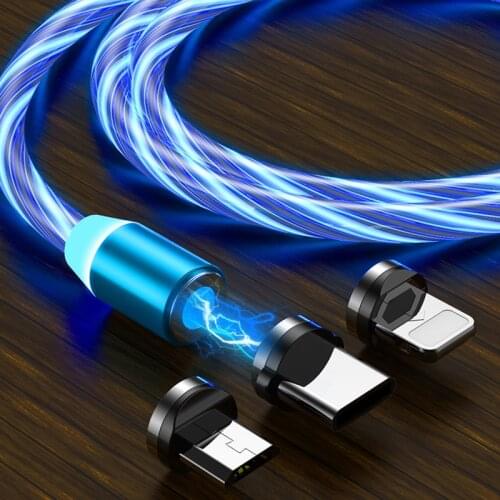 Magnetic USB Cable 2M LED Glow Flowing Micro USB Type C Mobile Phone Cables For Xiaomi mi9 Samsung Bright Charge Cord For iPhone
