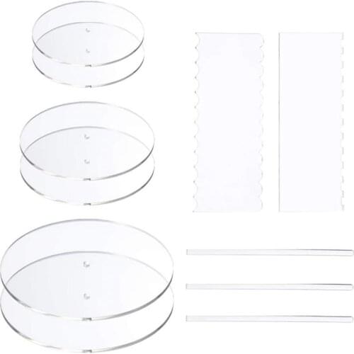 8 Pieces Acrylic Round Cake Disk Set Circle Base Boards with Center Hole Pillar Comb Scrapers Dowel Rod Butter Cake Tool Set